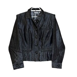 Chico's Platinum Jean Jacket Size 2 Large Black Metallic Wash Button Front Biker